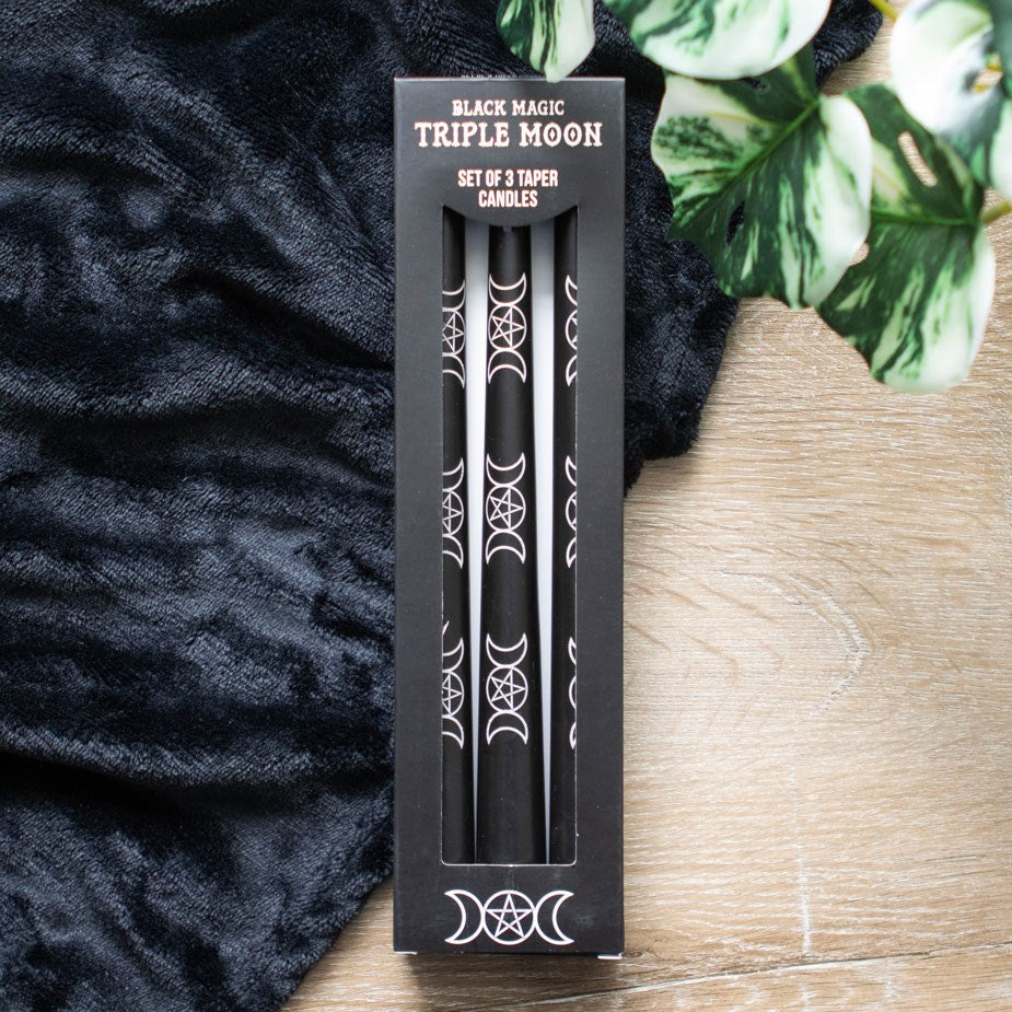 Set of 3 Black Magic Triple Moon Taper Candles