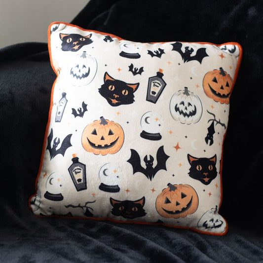 Square Spooky Cat and Pumpkin Print Cushion