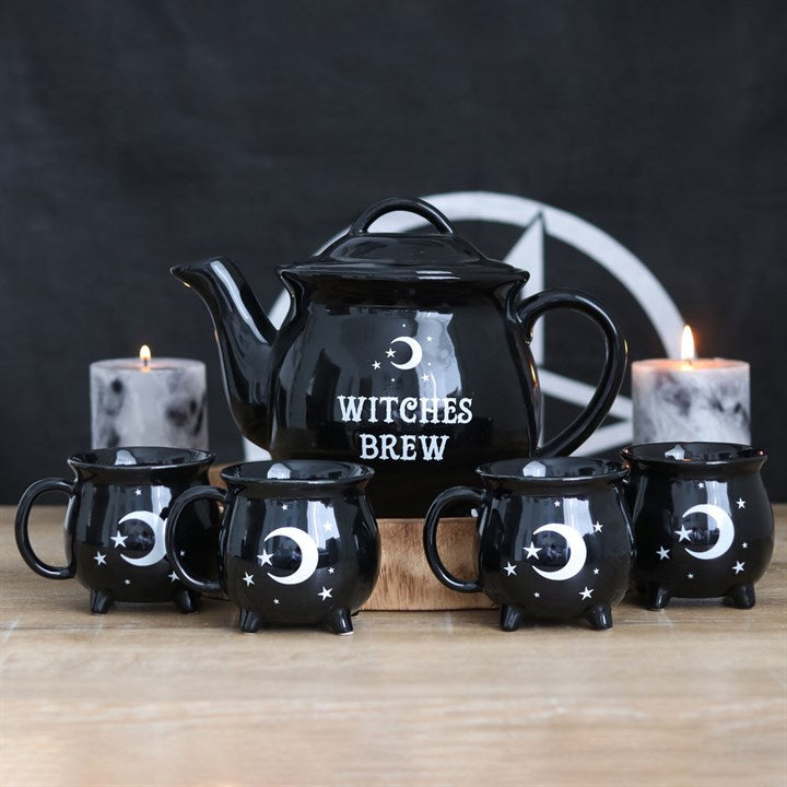 Witches Brew Ceramic Cauldron Tea Set, Gothic Gift Halloween Moon Stars